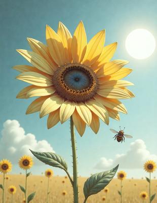 Primary subject: A large yellow sunflower with a blue center.

Setting/background: A field of sunflowers.

Visual style: Digital art.

Colors and mood: The sunflower is predominantly yellow with a blue center, creating a warm and vibrant atmosphere.
